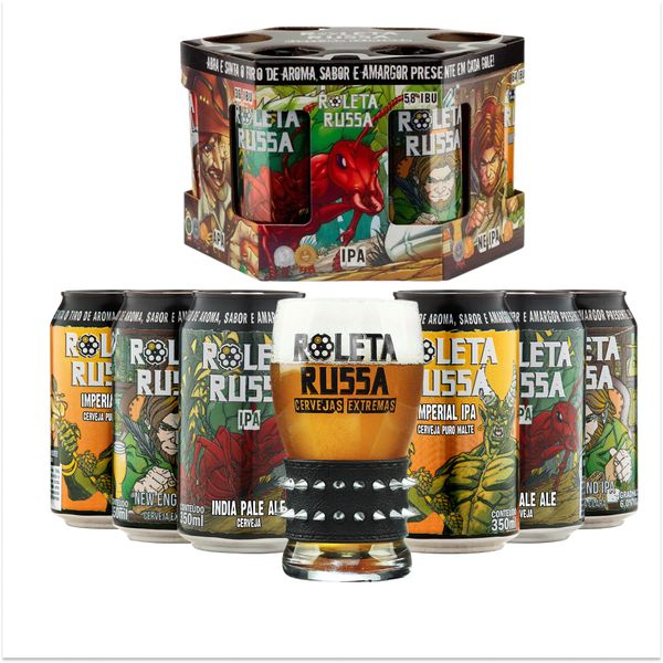Kit Presenteável Tambor 6 Cervejas Roleta Russa Lata 350ml + Copo