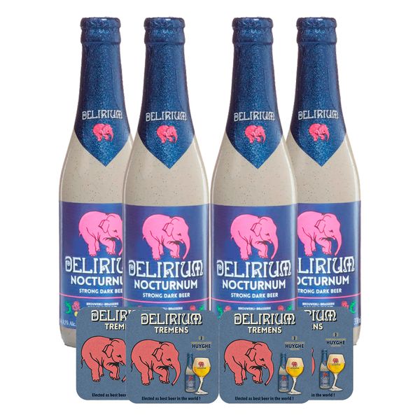 Pack 4 cervejas Delirium Nocturnum 330ml + 4 Porta Copo Delirium Grátis