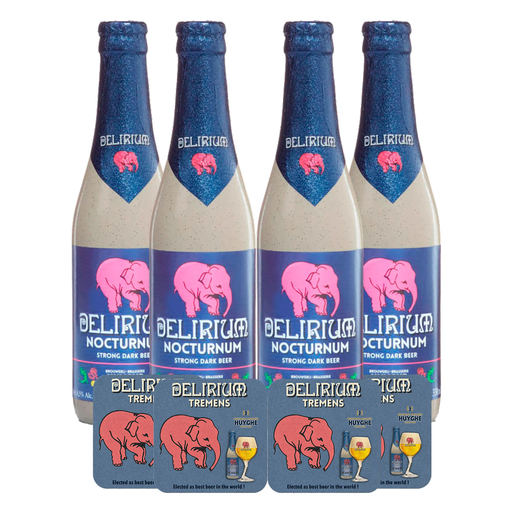Pack 4 cervejas Delirium Nocturnum 330ml + 4 Porta Copo Delirium Grátis