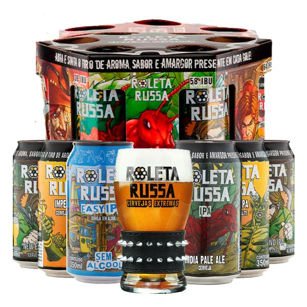 Kit Presenteável Tambor 6 Cervejas Roleta Russa Lata 350ml + Copo