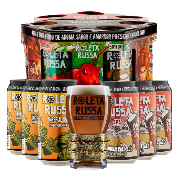Kit Presenteável Tambor 6 Cervejas Roleta Russa Lata 350ml + Copo